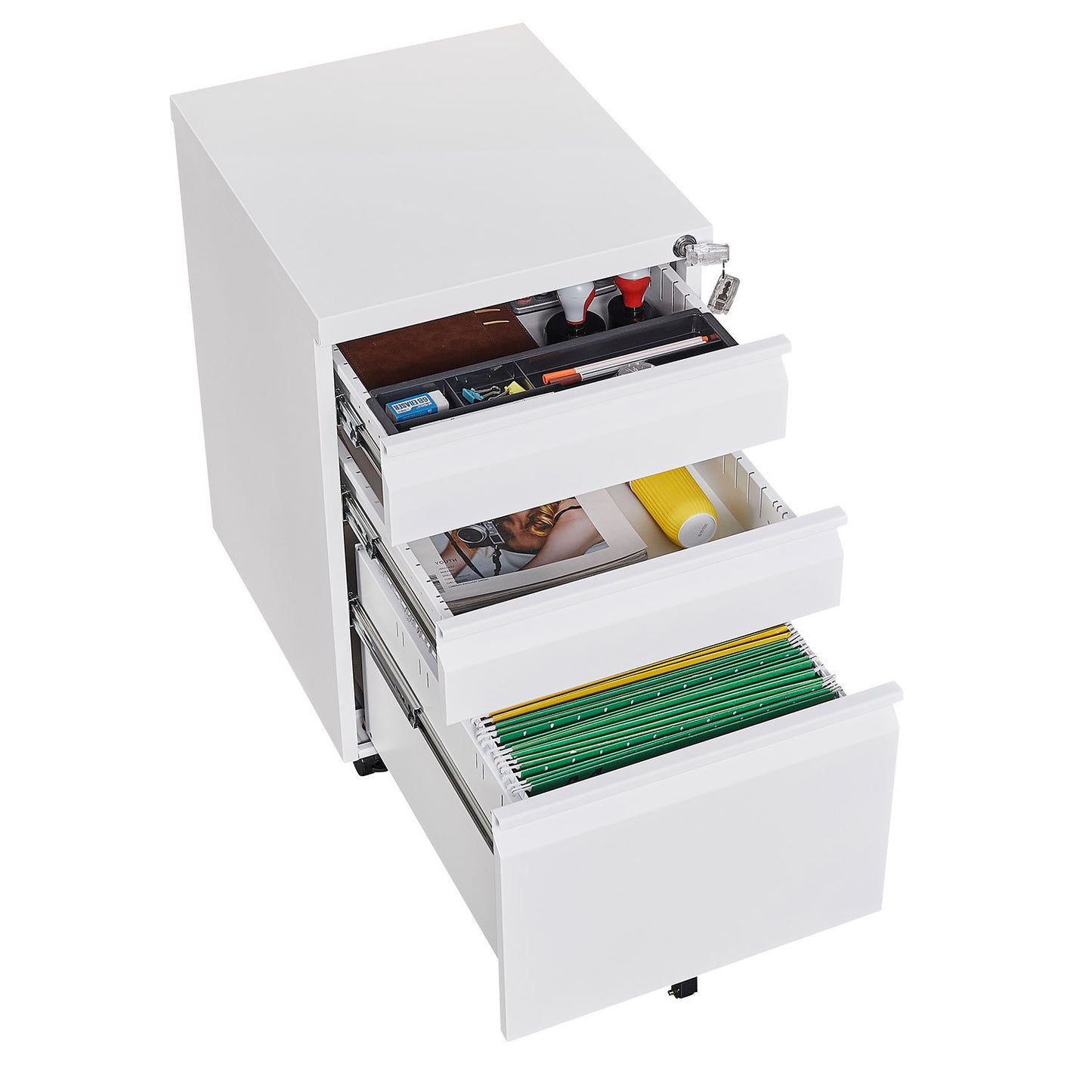 3-drawer mobile file cabinet with lock, white