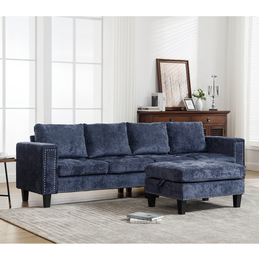 5-Seat Modular Sofa with Storage Ottoman, Reversible Chaise, Chenille, Blue