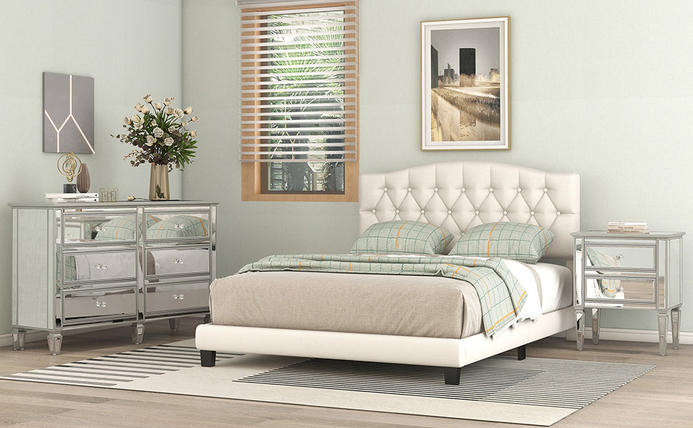 Upholstered king platform bed with curved headboard, beige