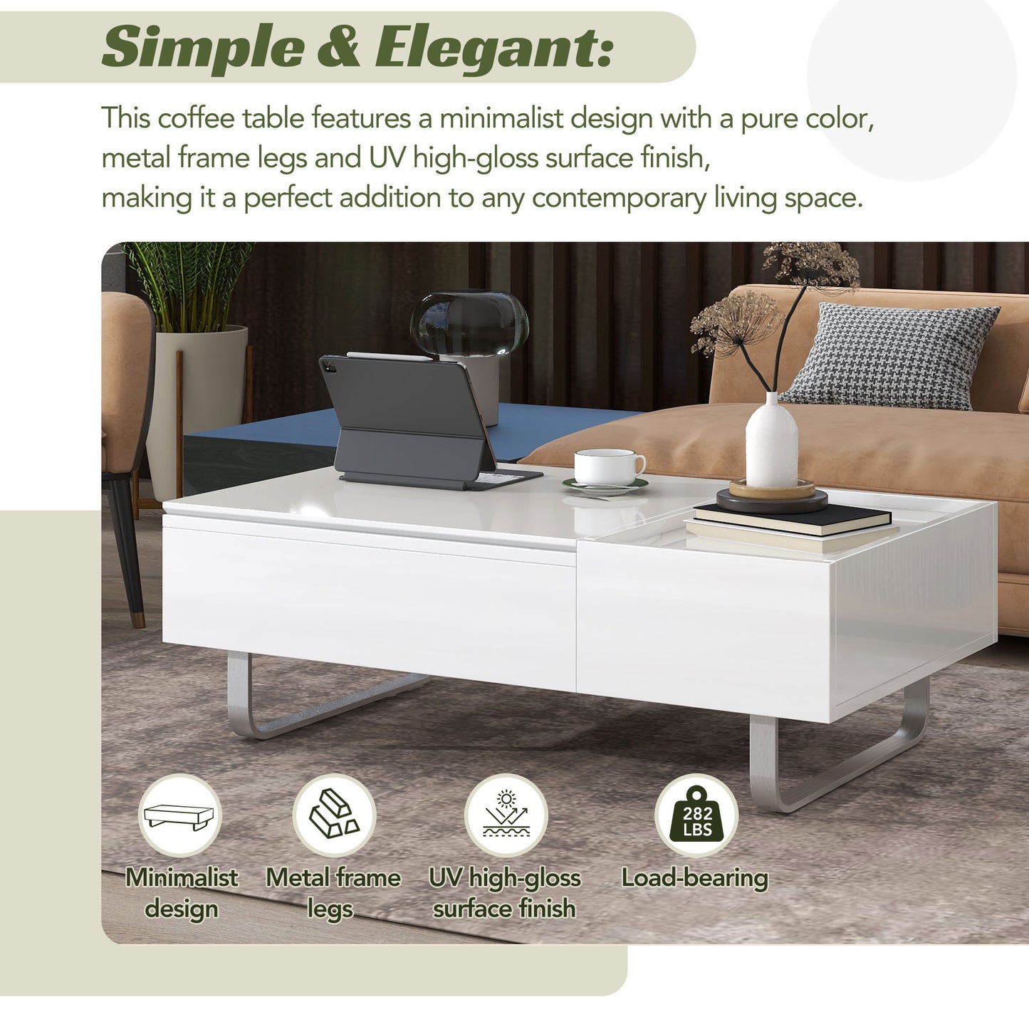 ON-TREND Multi-Functional Coffee Table with Lifted Top, White