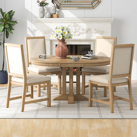 5-piece farmhouse dining set with extendable round table, natural wood wash, upholstered chairs