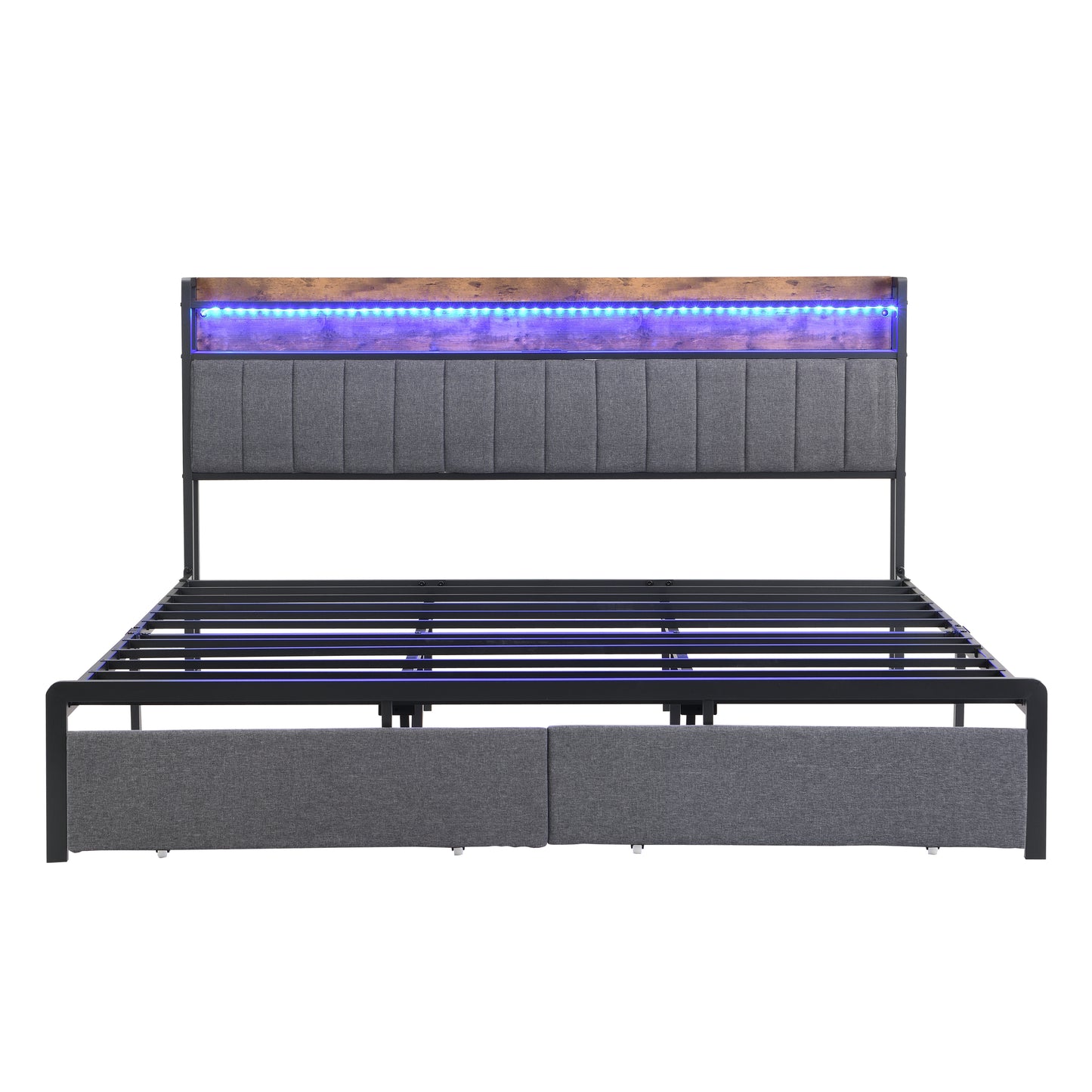 King bed frame with storage headboard, drawers, and LED lights, gray