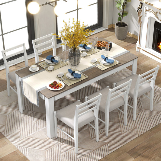 7-piece extendable wooden dining set with 12" leaf, brown table, white cushioned chairs