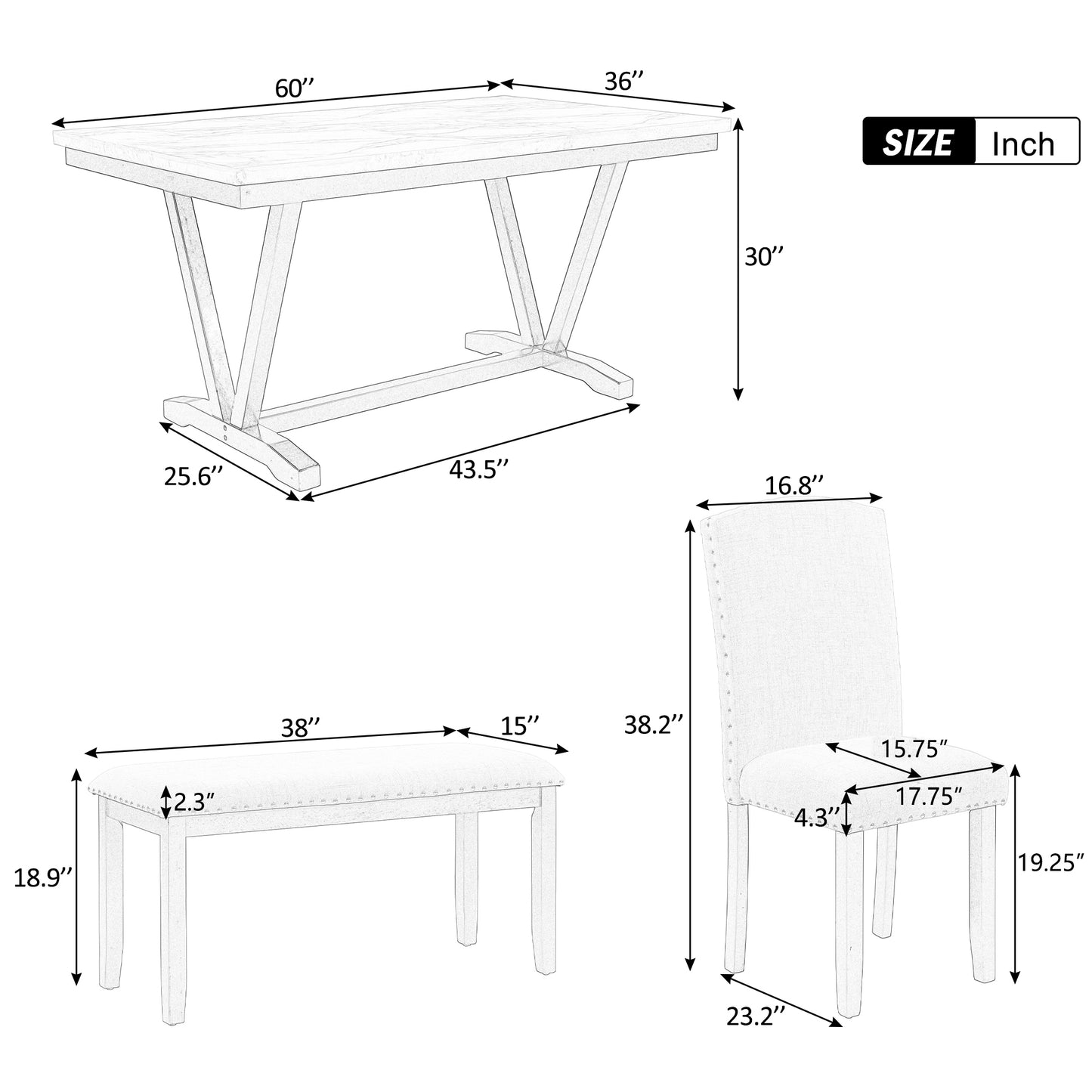 6-piece modern dining set with marbled tabletop and bench, white