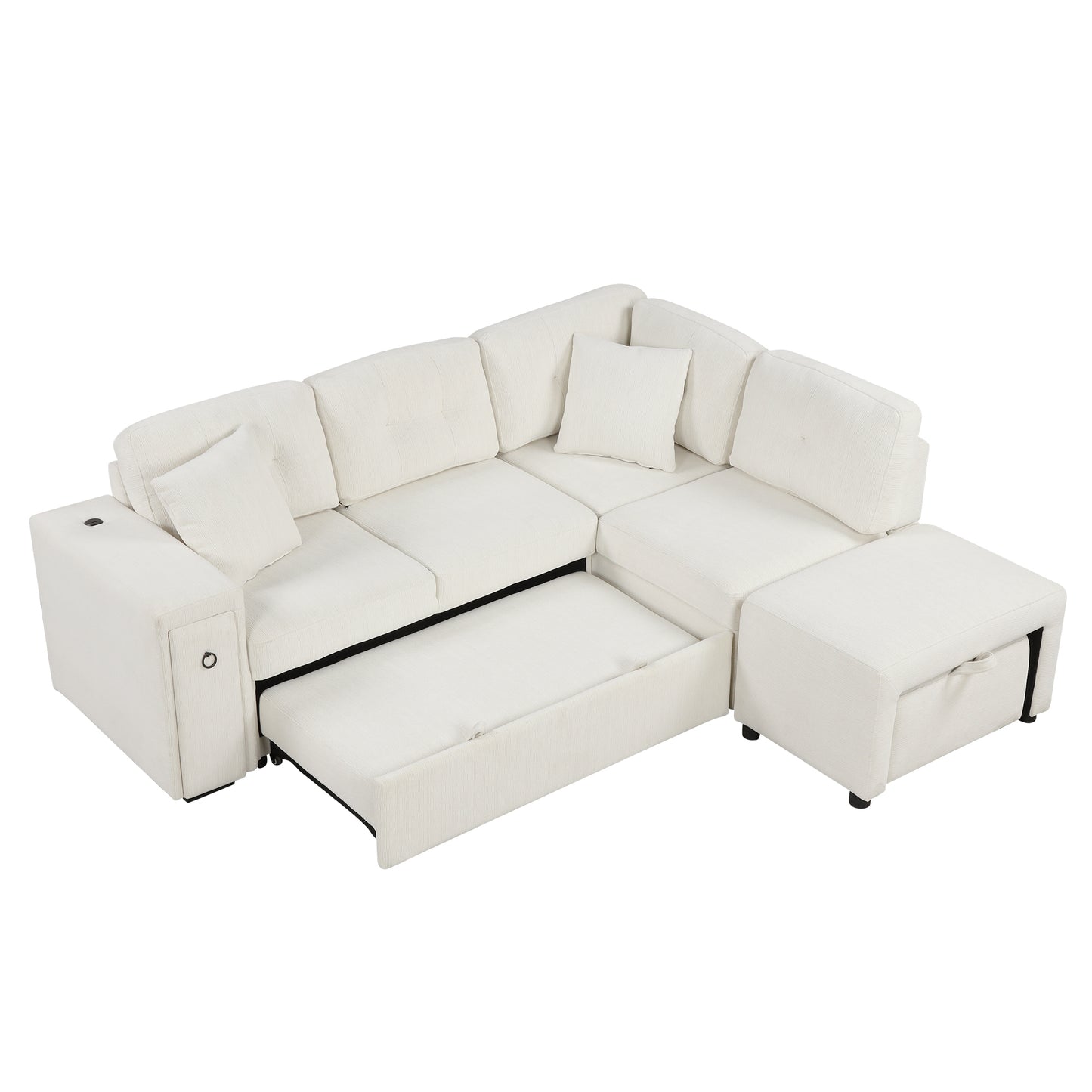 86.6 L-Shaped Sofa Bed with Ottoman, USB Ports & Cup Holders, Beige