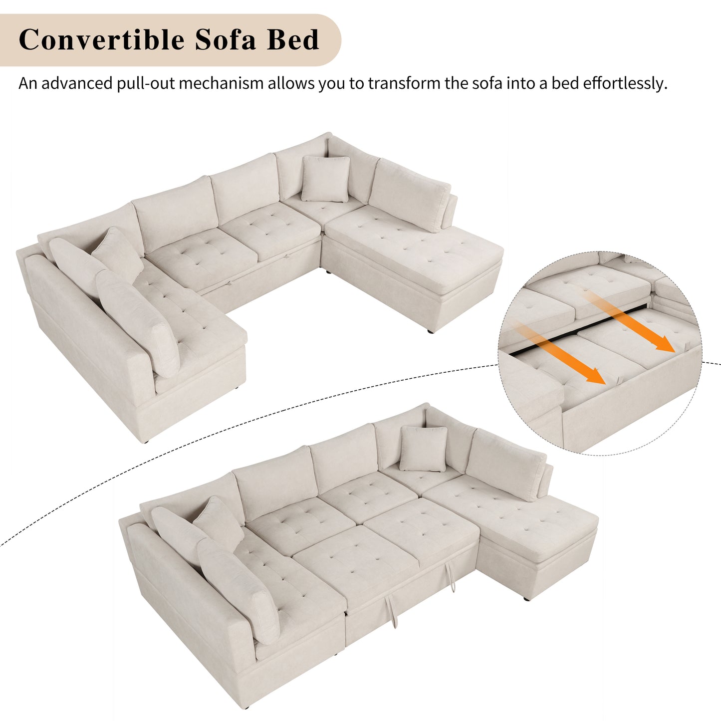 117.3'' U-Shaped Sofa Bed with Pillows, Beige