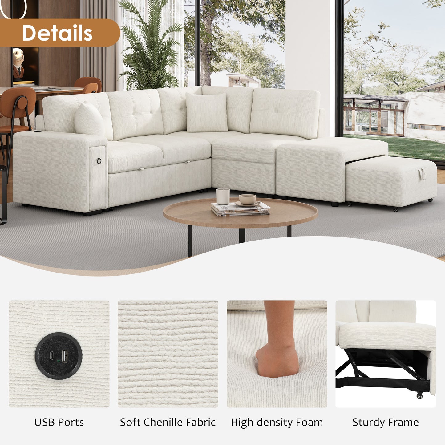 86.6 L-Shaped Sofa Bed with Ottoman, USB Ports & Cup Holders, Beige