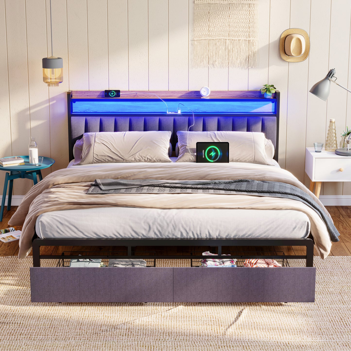 King bed frame with storage headboard, drawers, and LED lights, gray