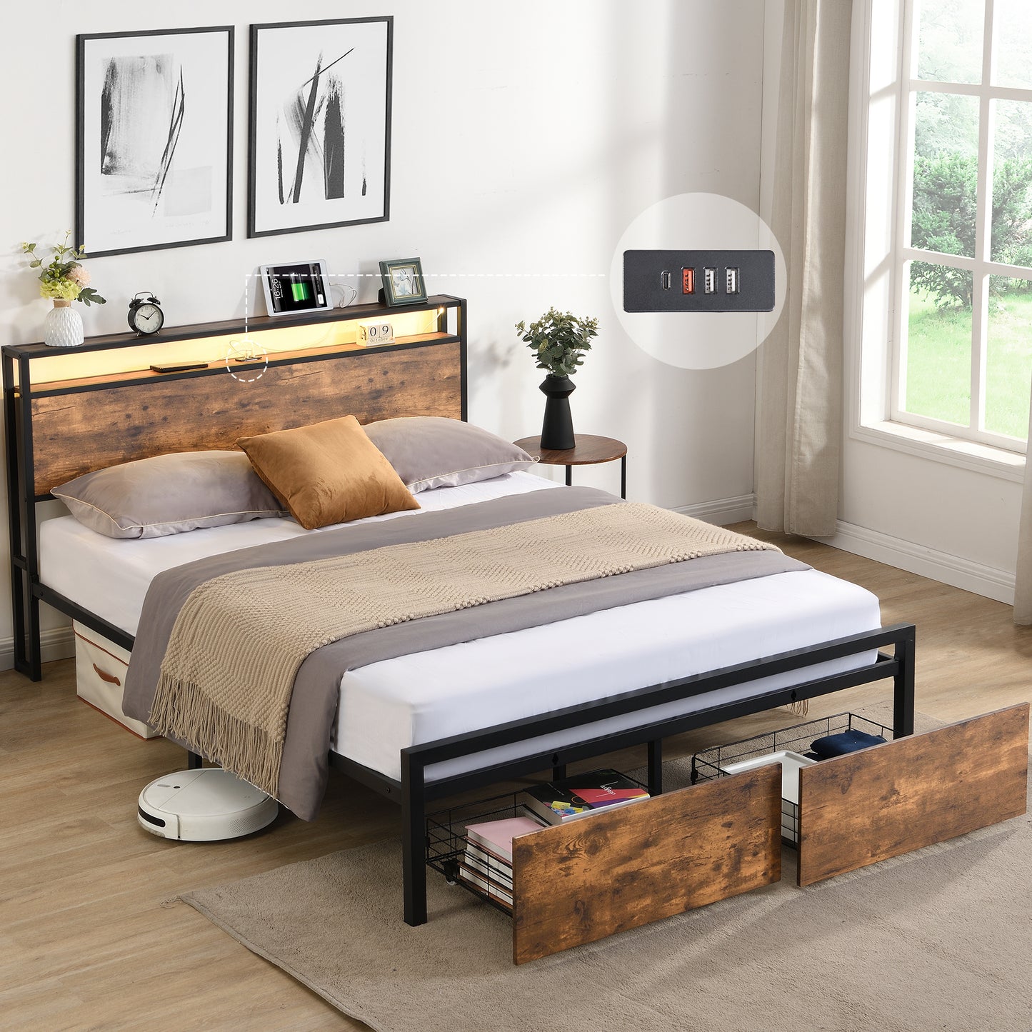 Queen bed frame with storage headboard, drawers, and LED lights