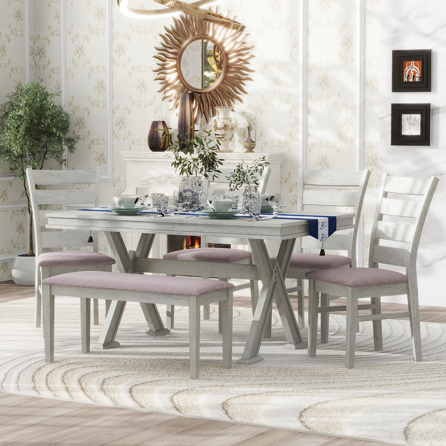 6-piece retro dining set with unique legs, white table, upholstered chairs, and bench