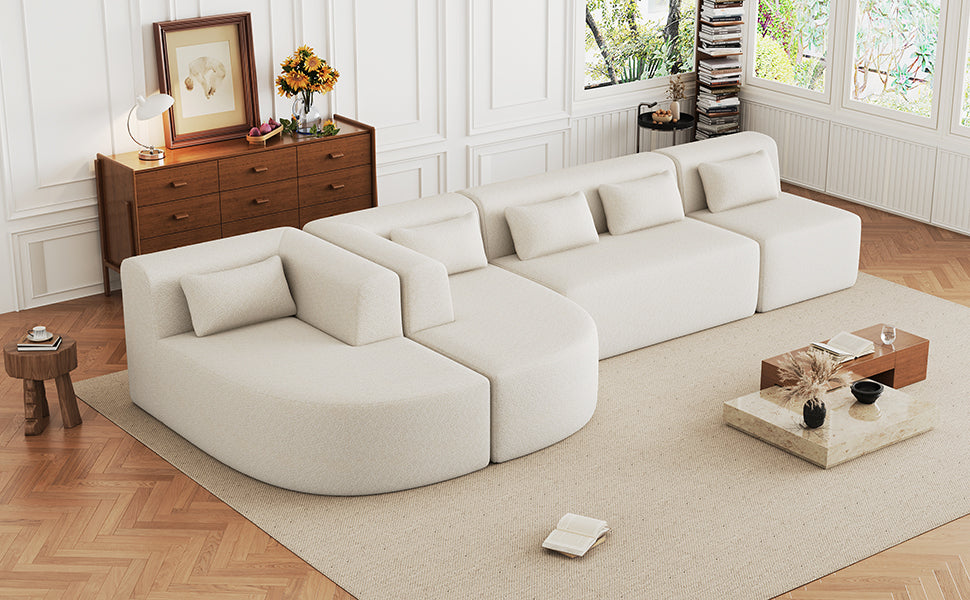 143.7 Upholstered Sofa with Chaise and Back Pillows, Beige