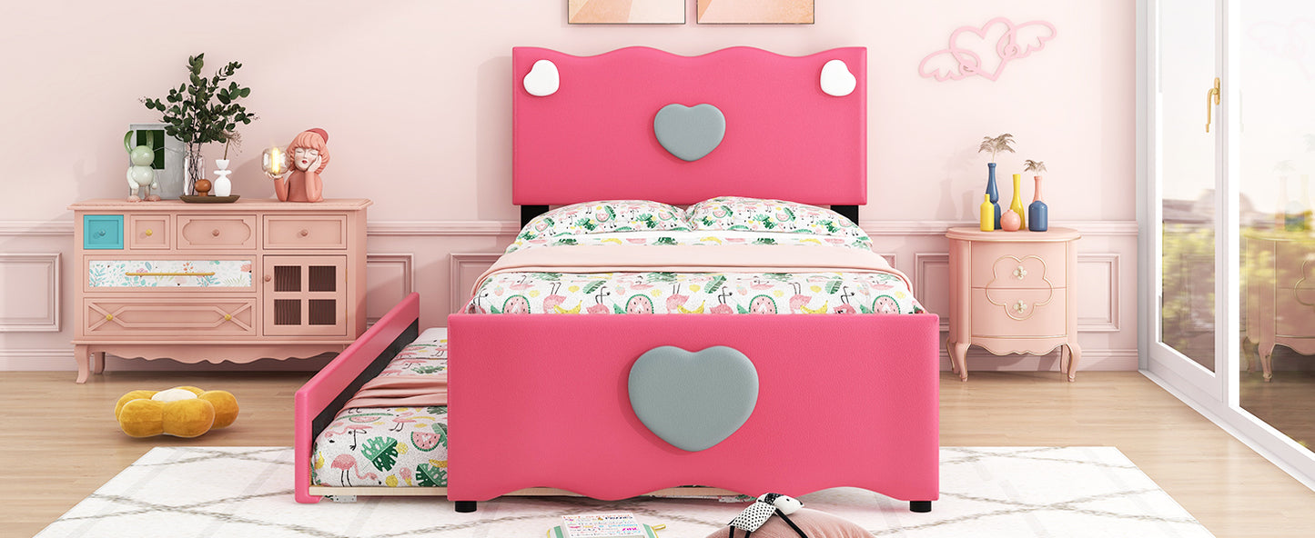 Twin Size Upholstered Platform Bed with Trundle and Heart Shaped Decoration, Dark Pink