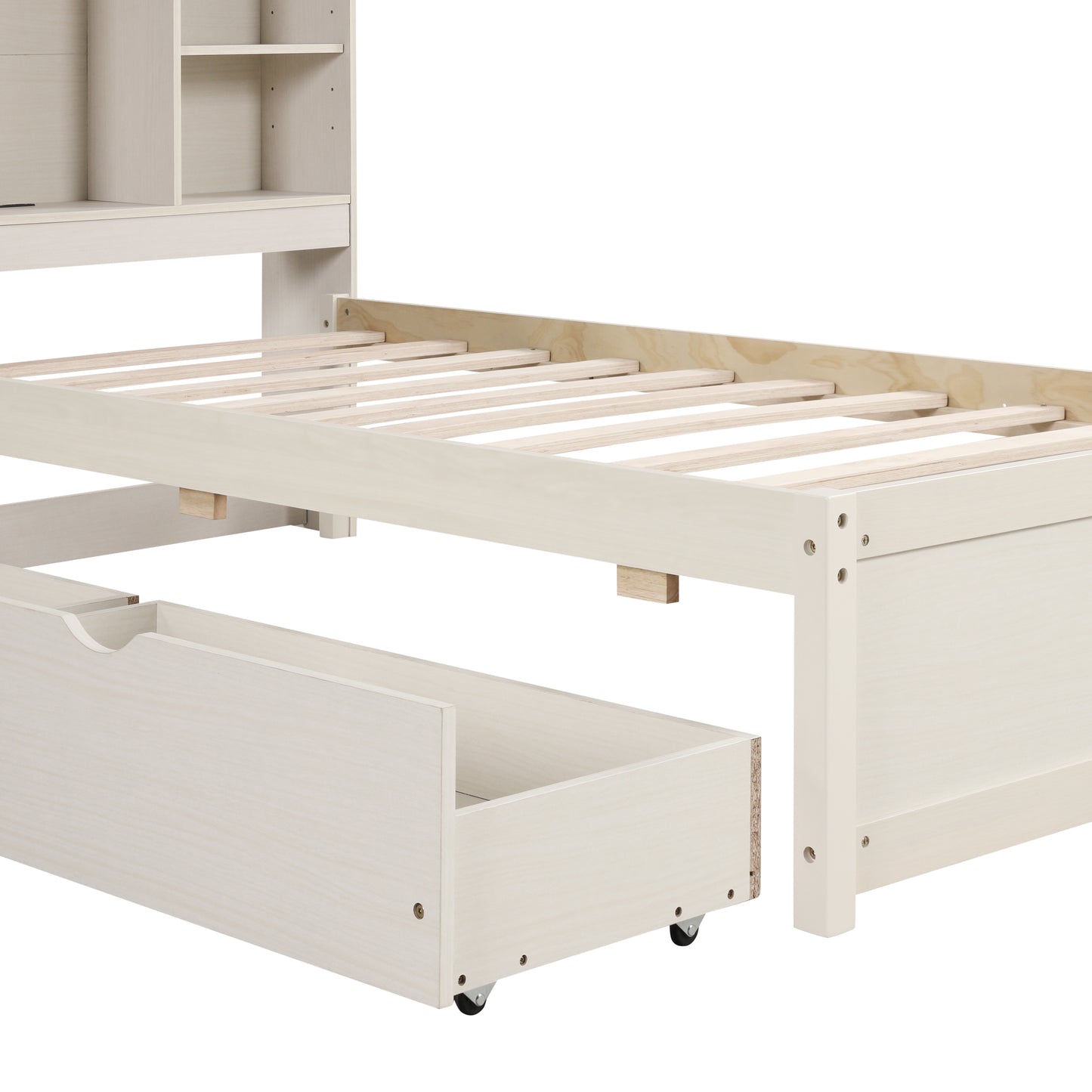 Modern twin bed frame with USB port, bookcase headboard, and drawers, white washed