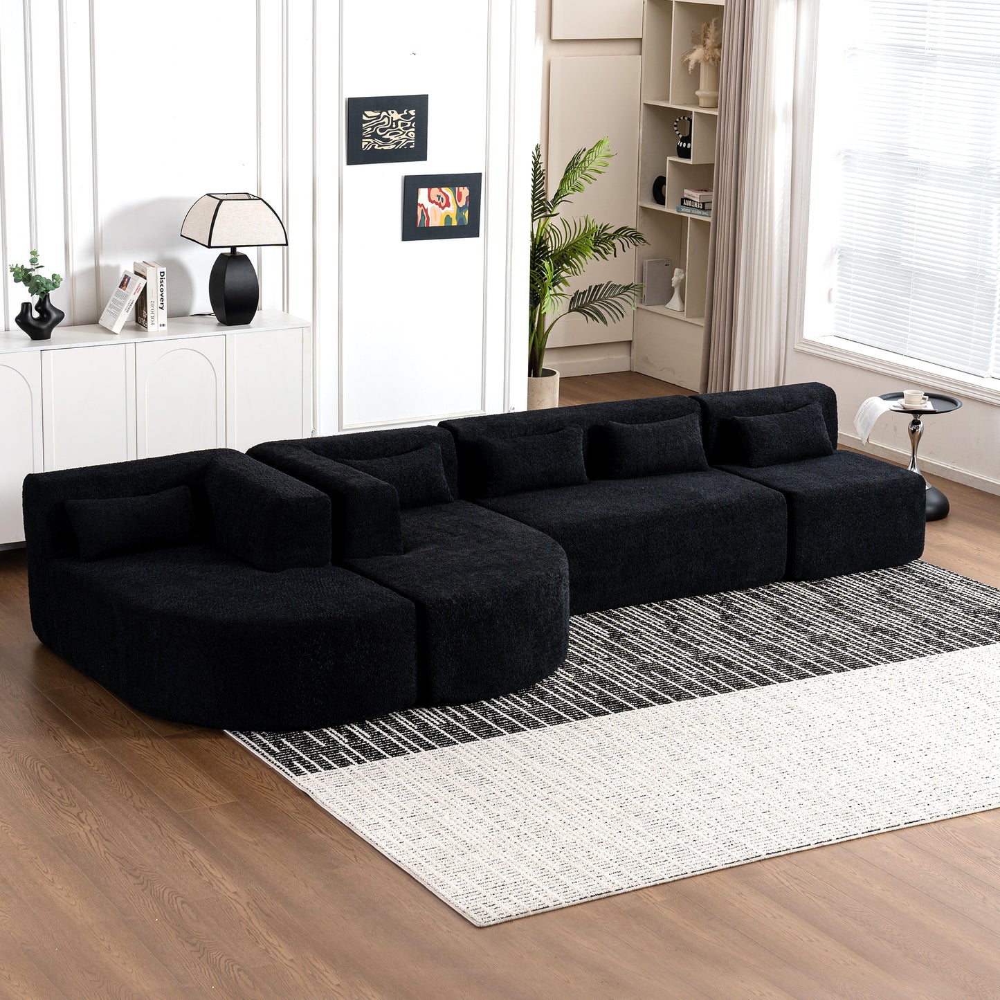 143.7 Upholstered Sofa with Chaise and Back Pillows, Black