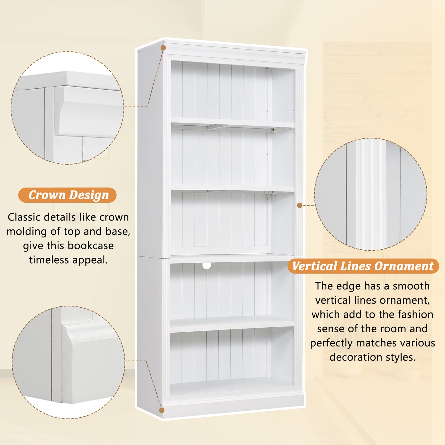 Wood Bookcase with Adjustable 5-Tier Shelves - White