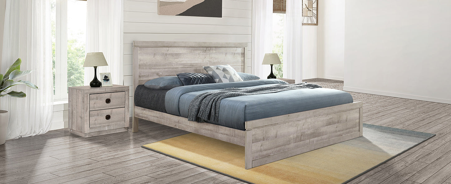 Vintage farmhouse king platform bed with wooden slats, rustic white