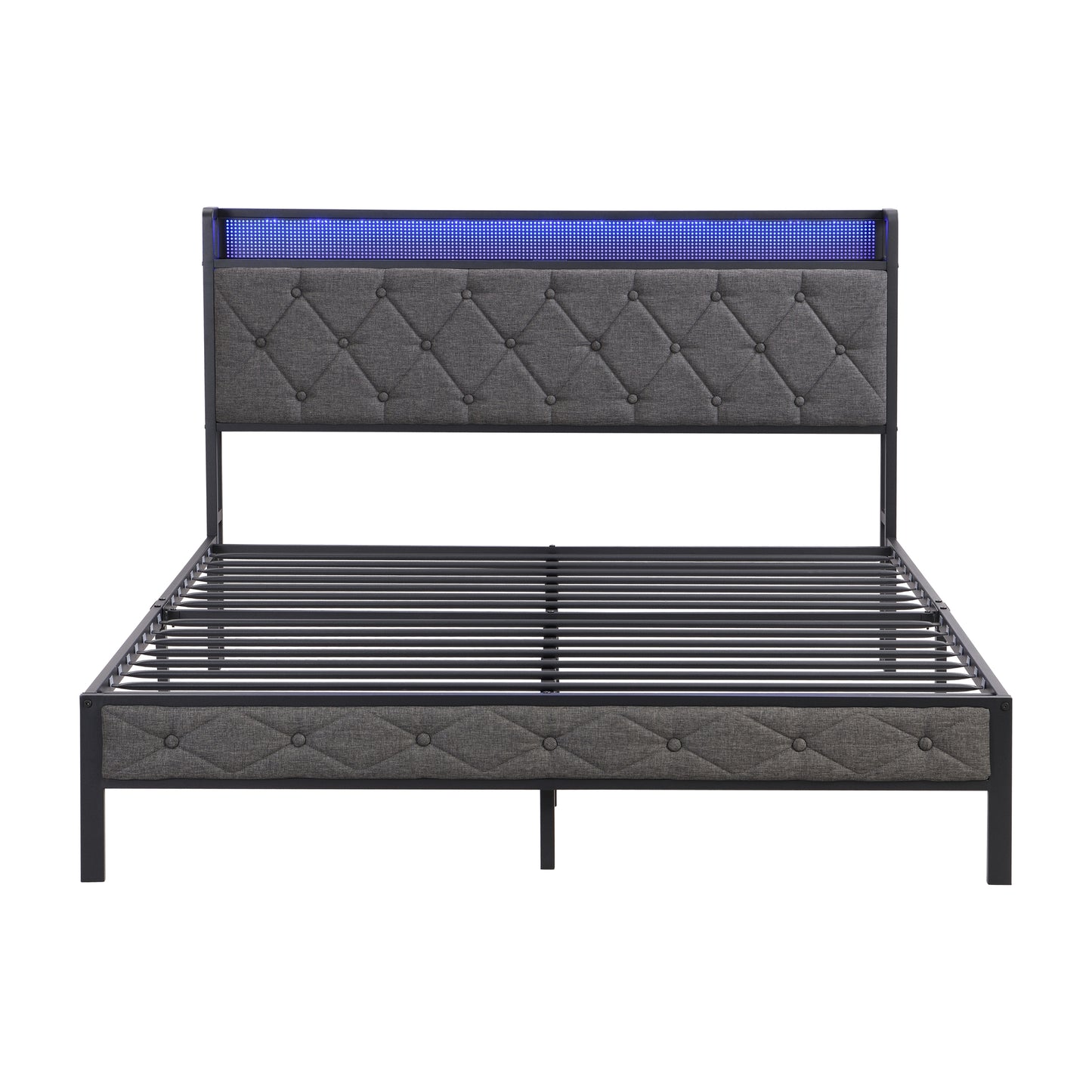 Queen bed frame with storage headboard and LED lights, dark gray