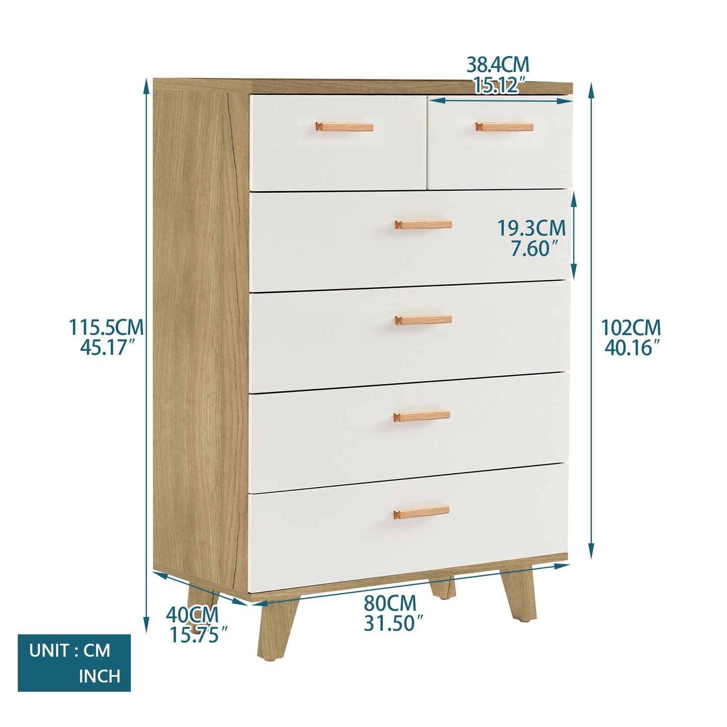 Drawer dresser and sideboard storage cabinet with solid wood handles and legs, brown and white