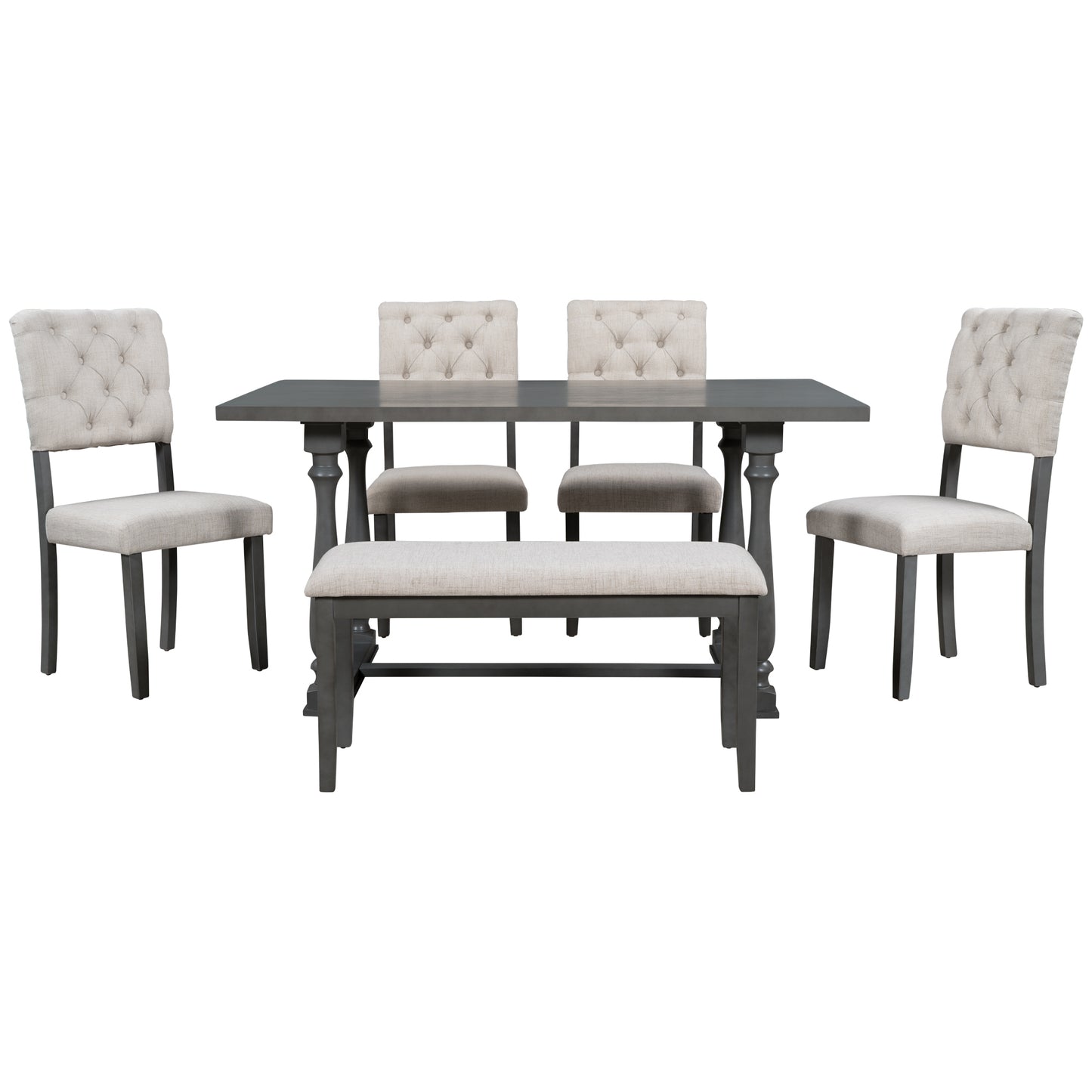 6-piece dining set with special-shaped legs and cushioned seats, gray