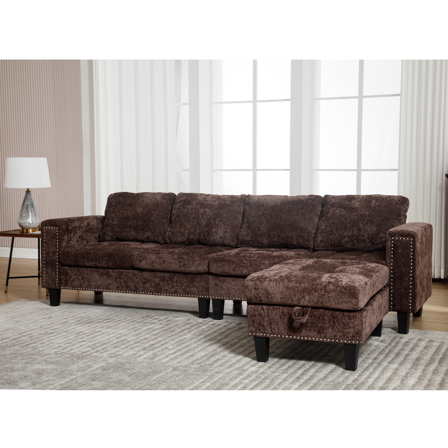 5-Seat Modular Sofa with Storage Ottoman, Reversible Chaise, Chenille, Brown