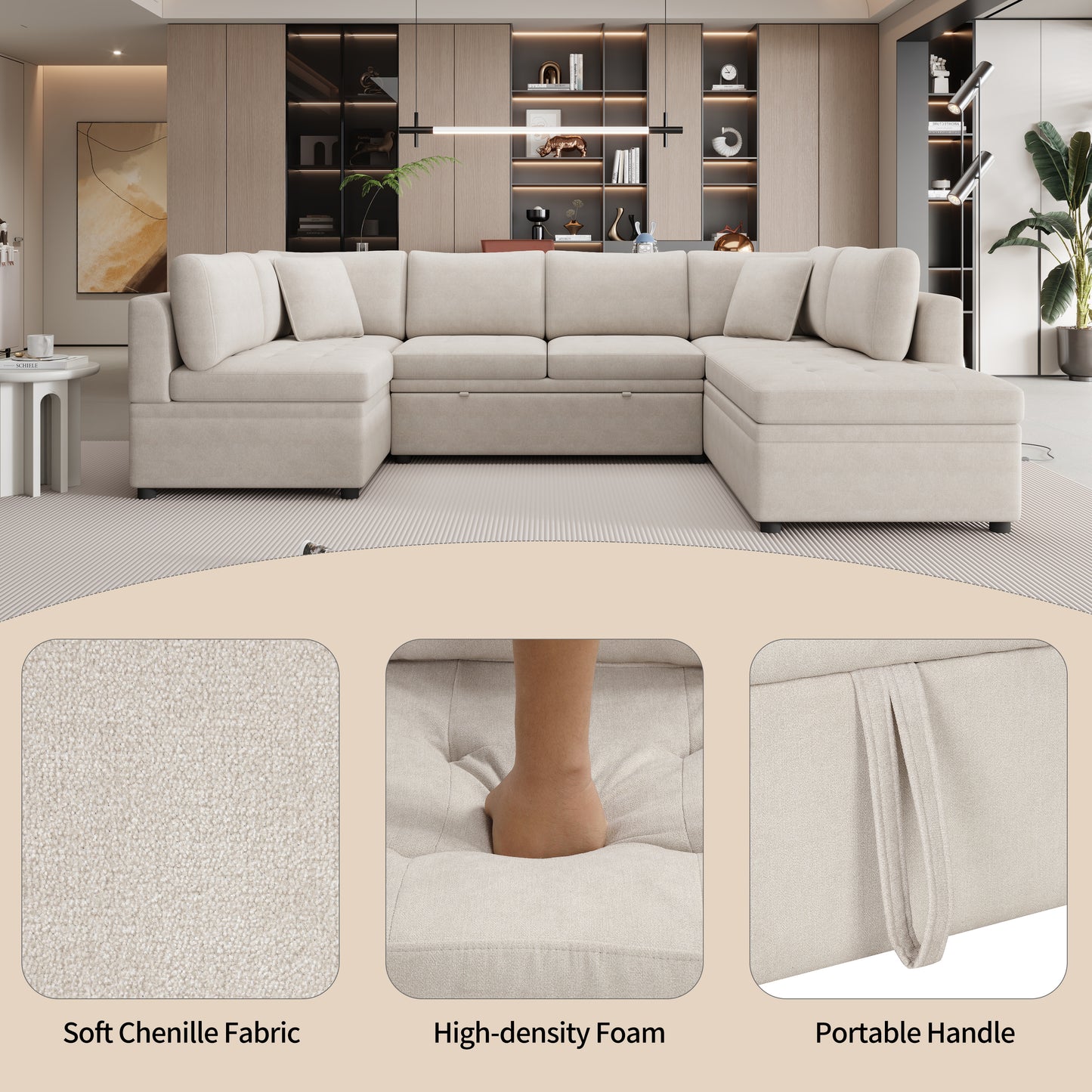 117.3'' U-Shaped Sofa Bed with Pillows, Beige