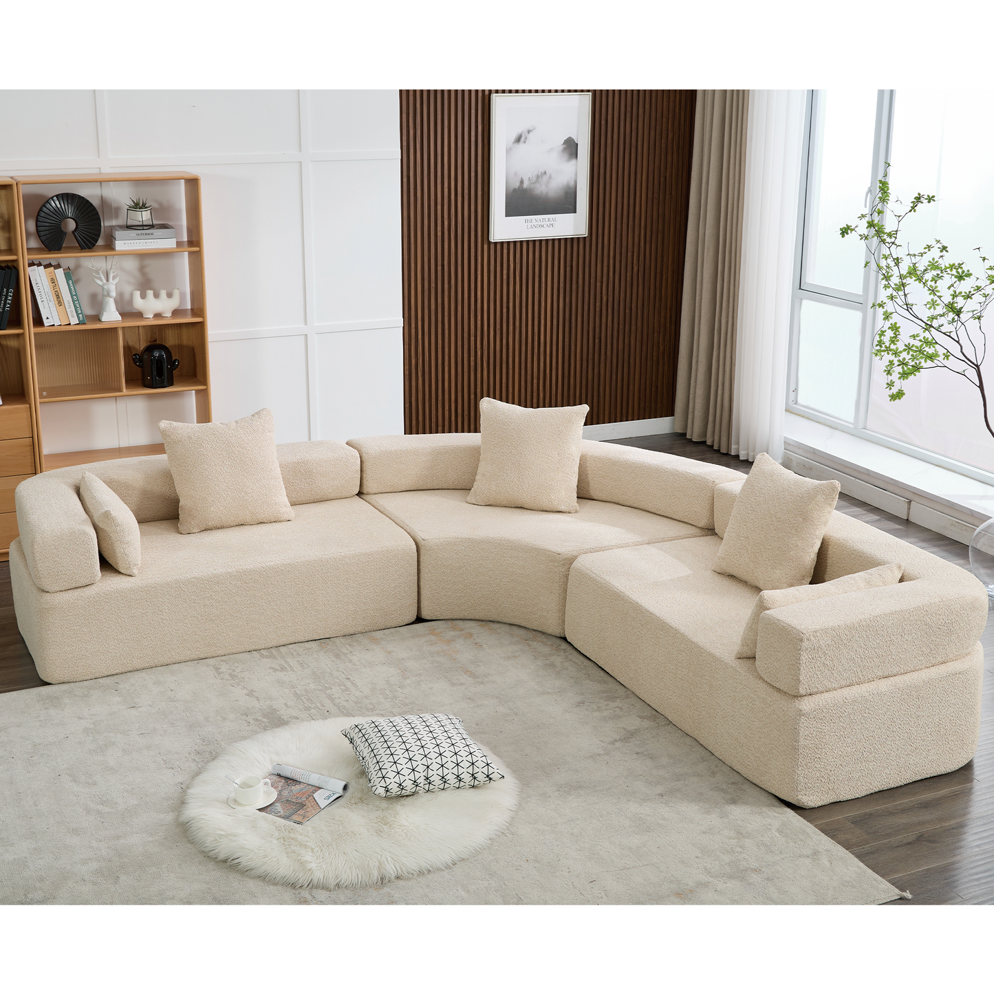 Oversized Curved 4-Seater Modular Sofa, 3-Piece Boucle, Khaki