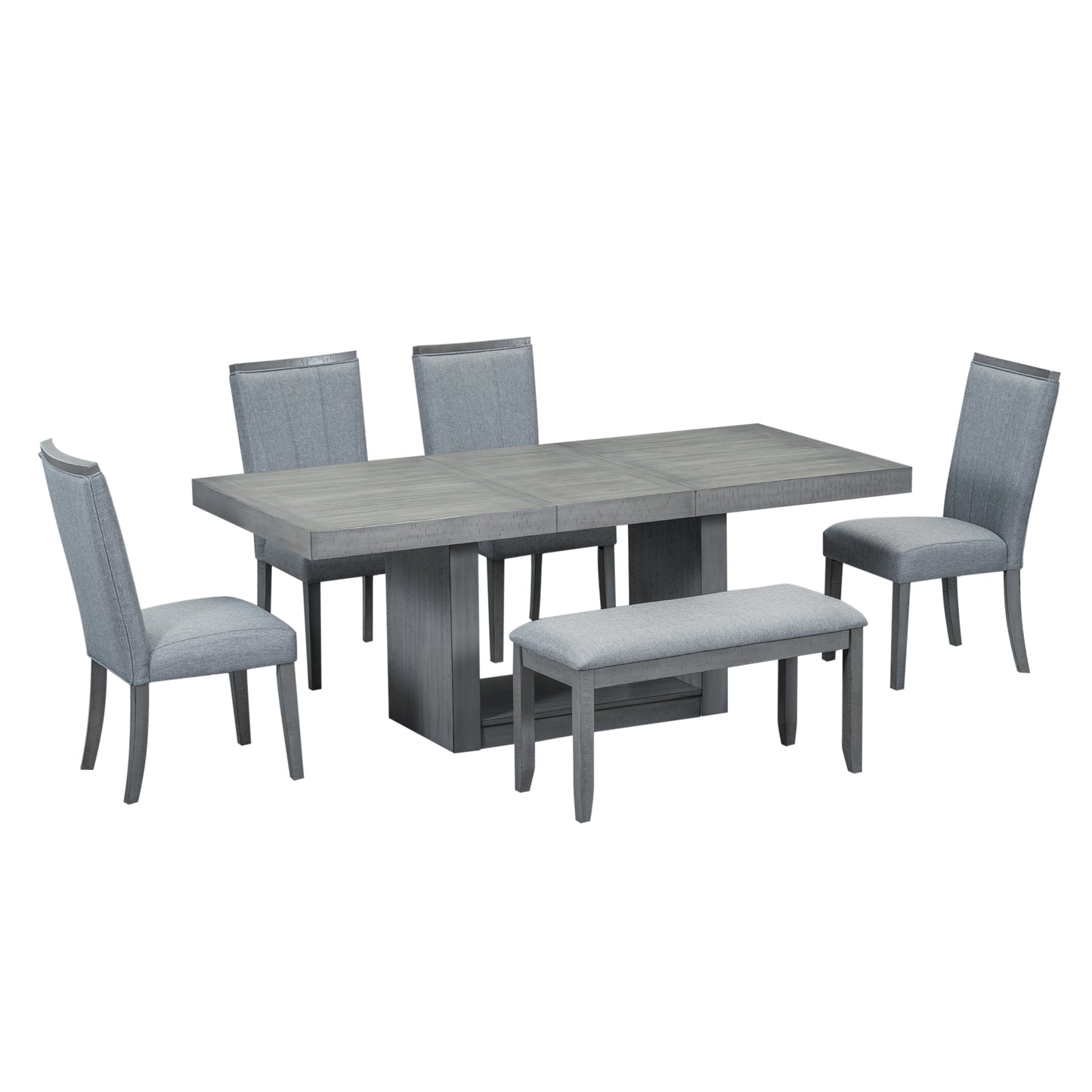 6-piece contemporary extendable dining set with pedestal table and bench, gray