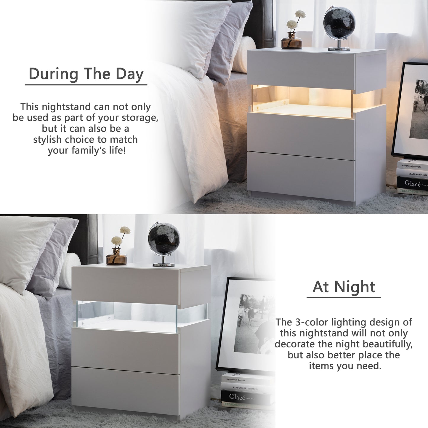 LED nightstand with 3 drawers and acrylic board, white