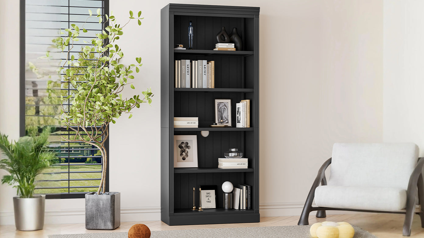 Wood Bookcase with Adjustable 5-Tier Shelves - Black