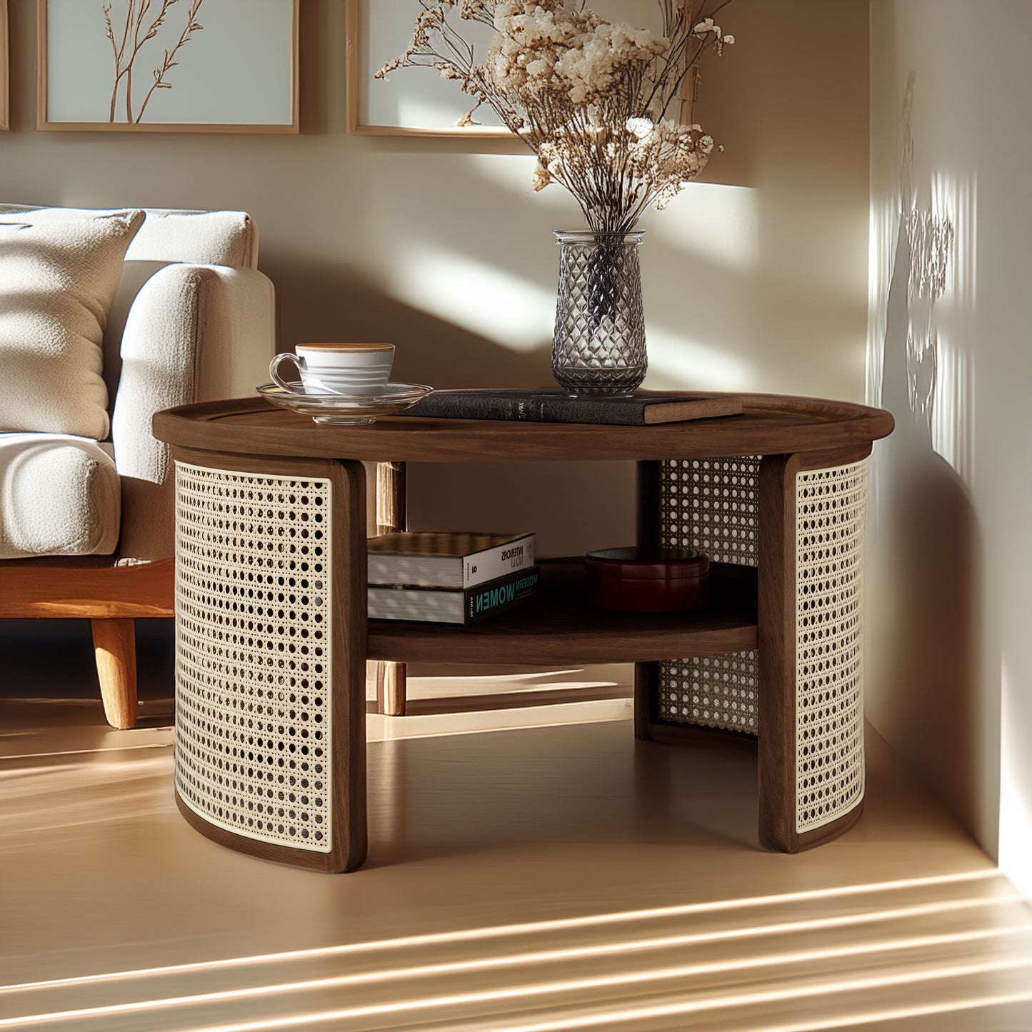 2-Tier Walnut Coffee Table with Rattan Base