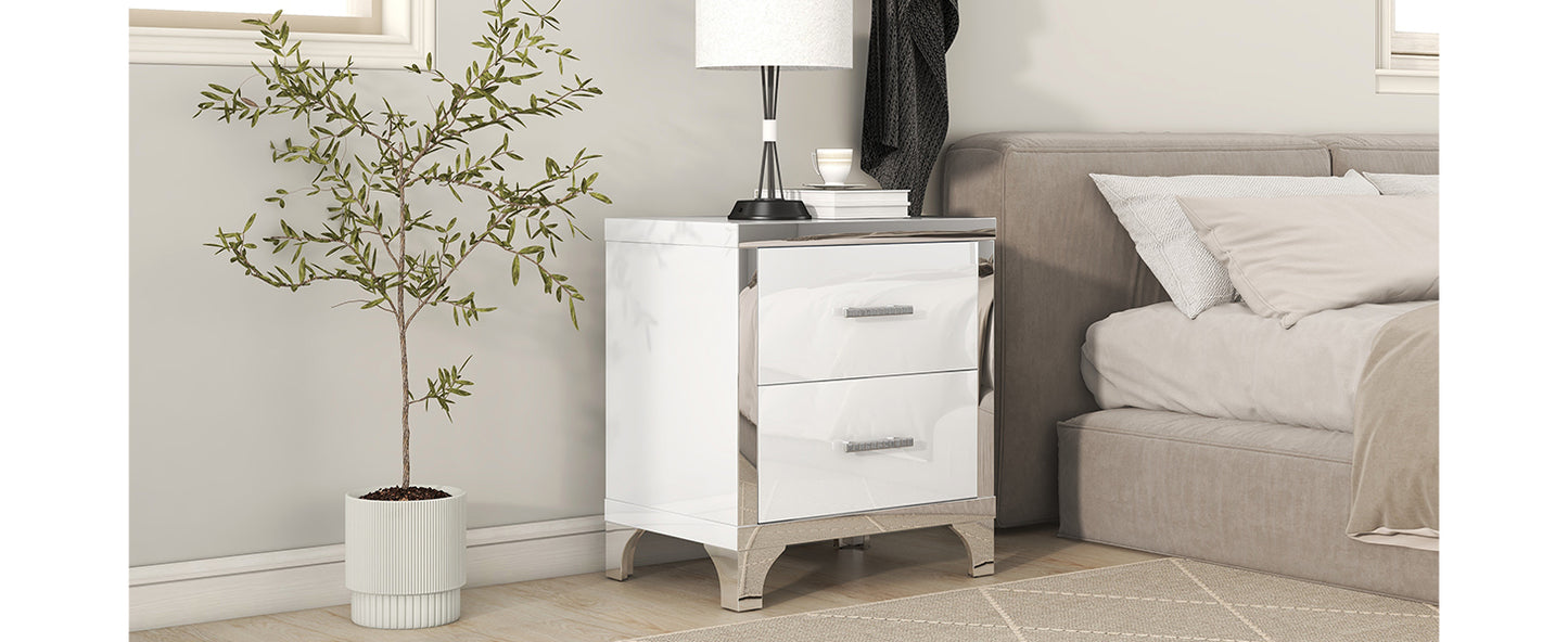 Elegant high gloss nightstand with 2 drawers, mirrored, white