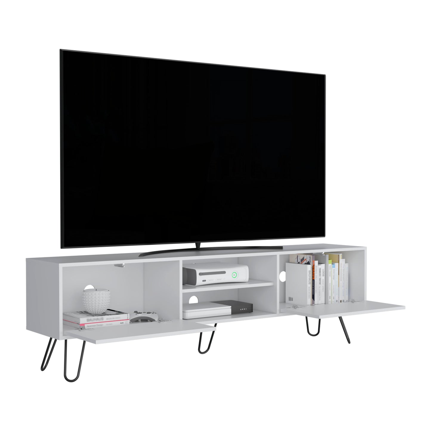 Vassel TV Stand with Hinged Drawers & Hairpin Legs