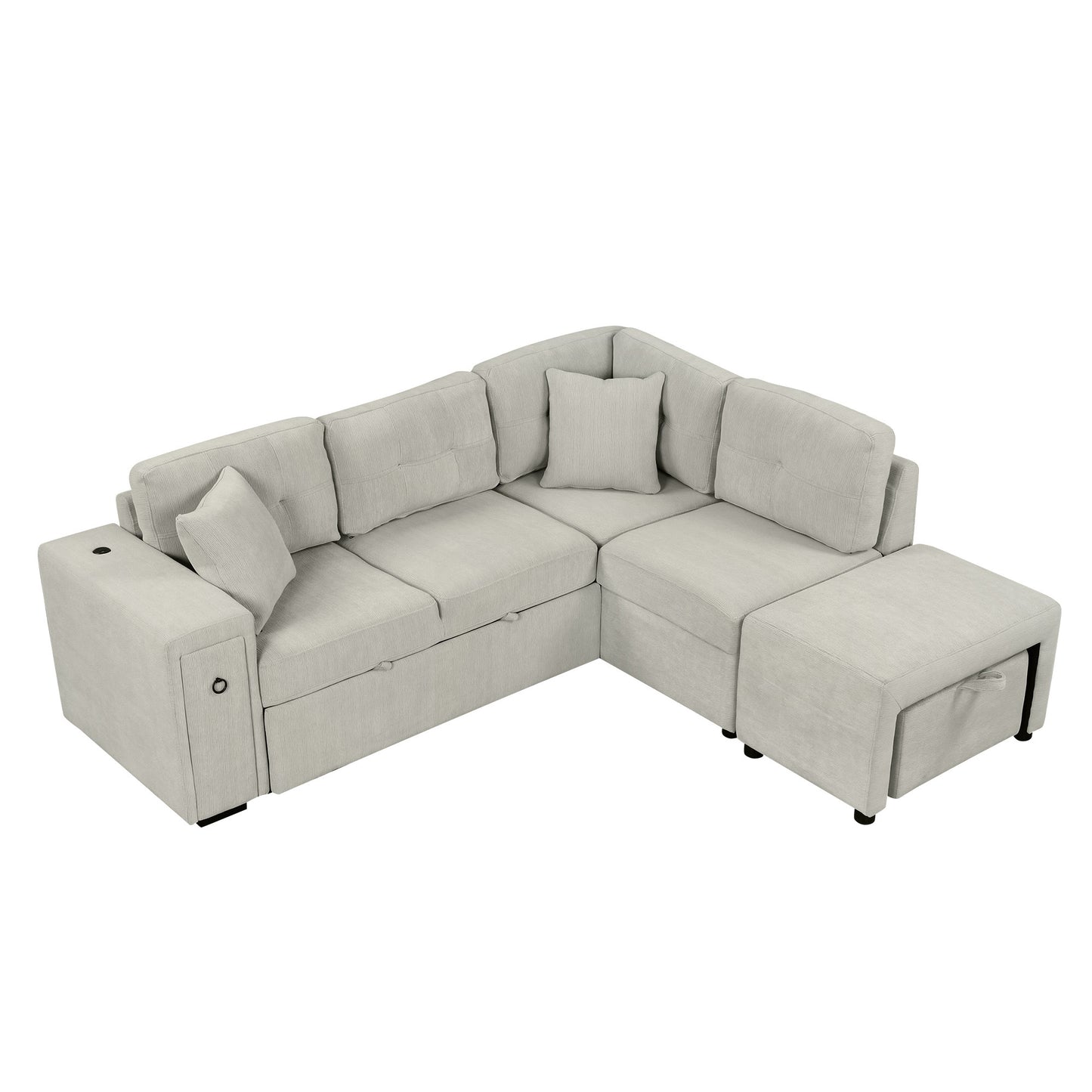 86.6 L-Shaped Sofa Bed with Ottoman, USB Ports & Cup Holders, Gray