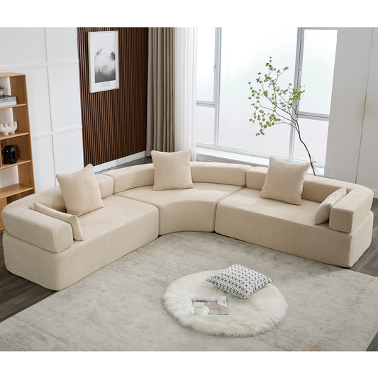 Oversized Curved 4-Seater Modular Sofa, 3-Piece Boucle, Khaki