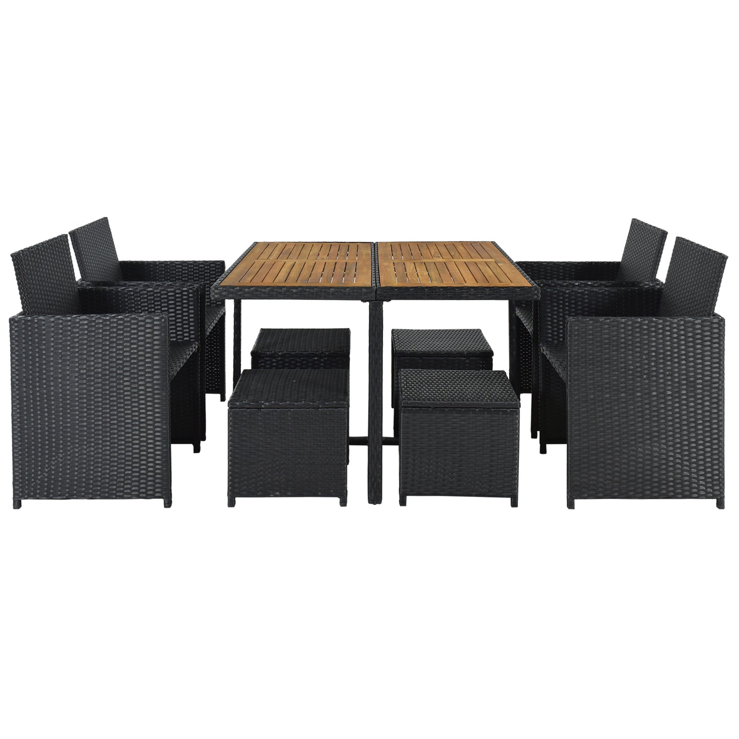 9-piece patio wicker dining set, black rattan, beige cushions