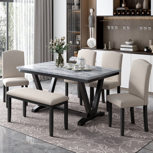 6-piece modern dining set with marbled tabletop and bench, white