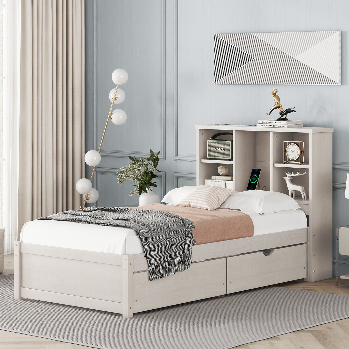 Modern twin bed frame with USB port, bookcase headboard, and drawers, white washed