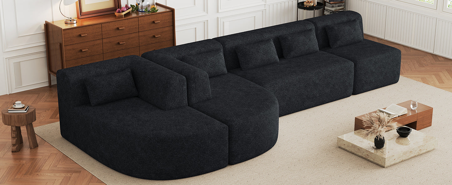 143.7 Upholstered Sofa with Chaise and Back Pillows, Black