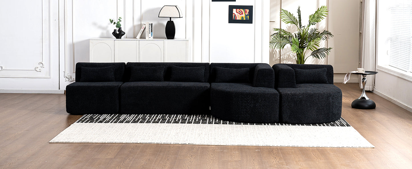 143.7 Upholstered Sofa with Chaise and Back Pillows, Black