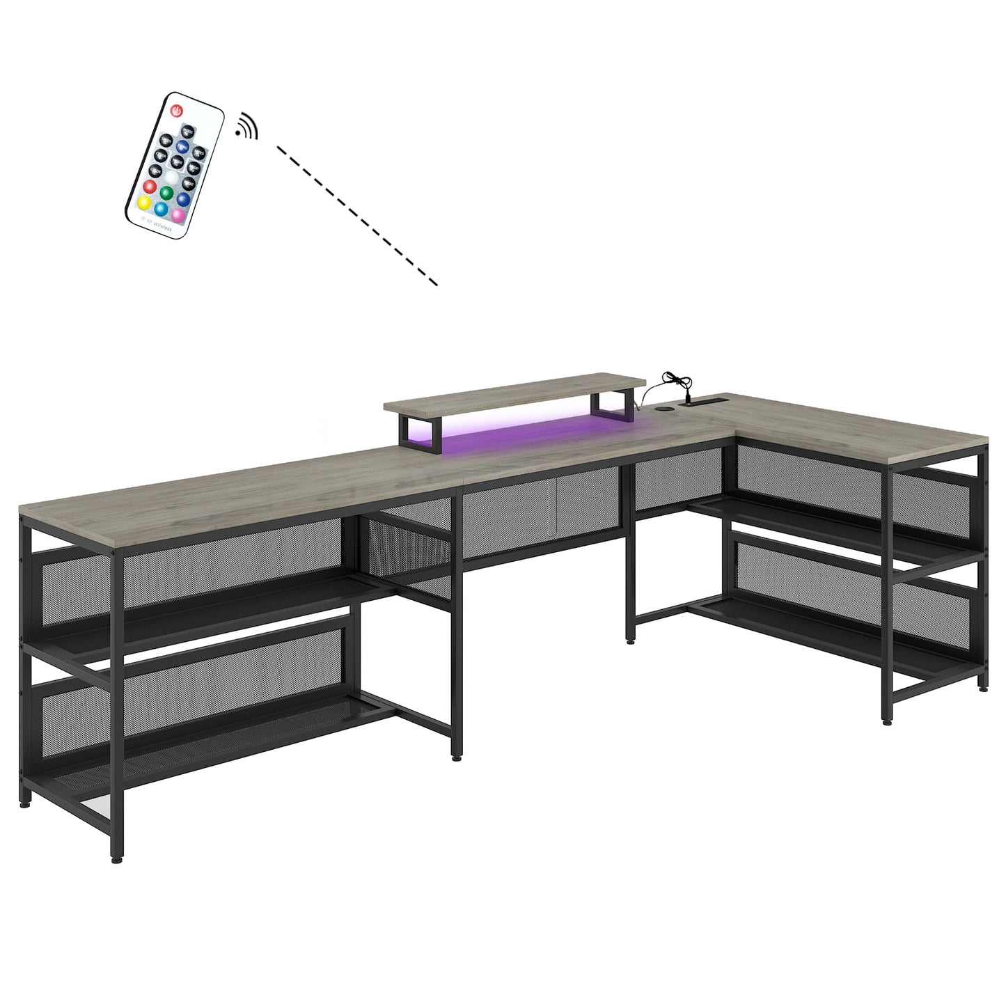 U-Shaped Desk with Power Outlets, LED, Monitor Stand, and Storage