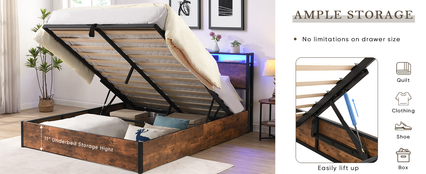 Queen lift-up storage bed frame, rustic brown, with bookcase headboard and LED lights