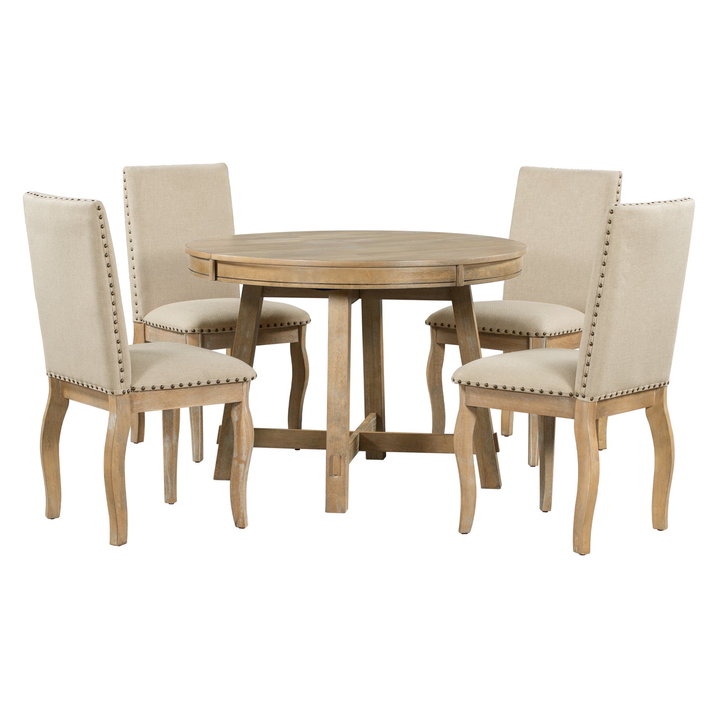 5-piece farmhouse round extendable dining set, natural wood wash, upholstered chairs