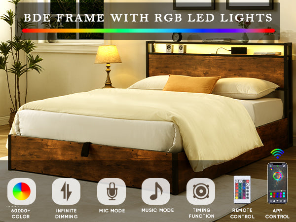 Queen lift-up storage bed frame, rustic brown, with bookcase headboard and LED lights