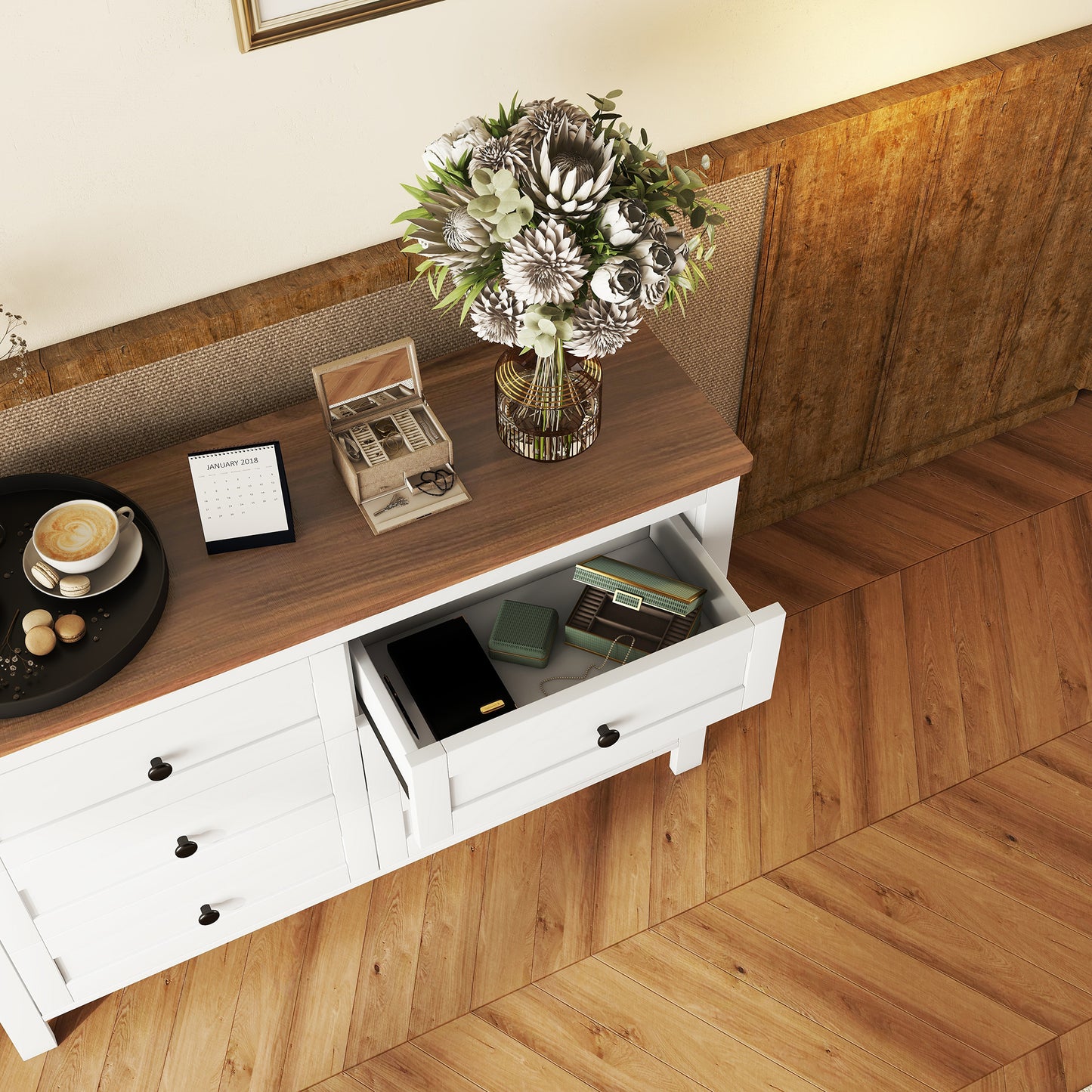 Retro farmhouse dresser with 6 drawers, white and brown