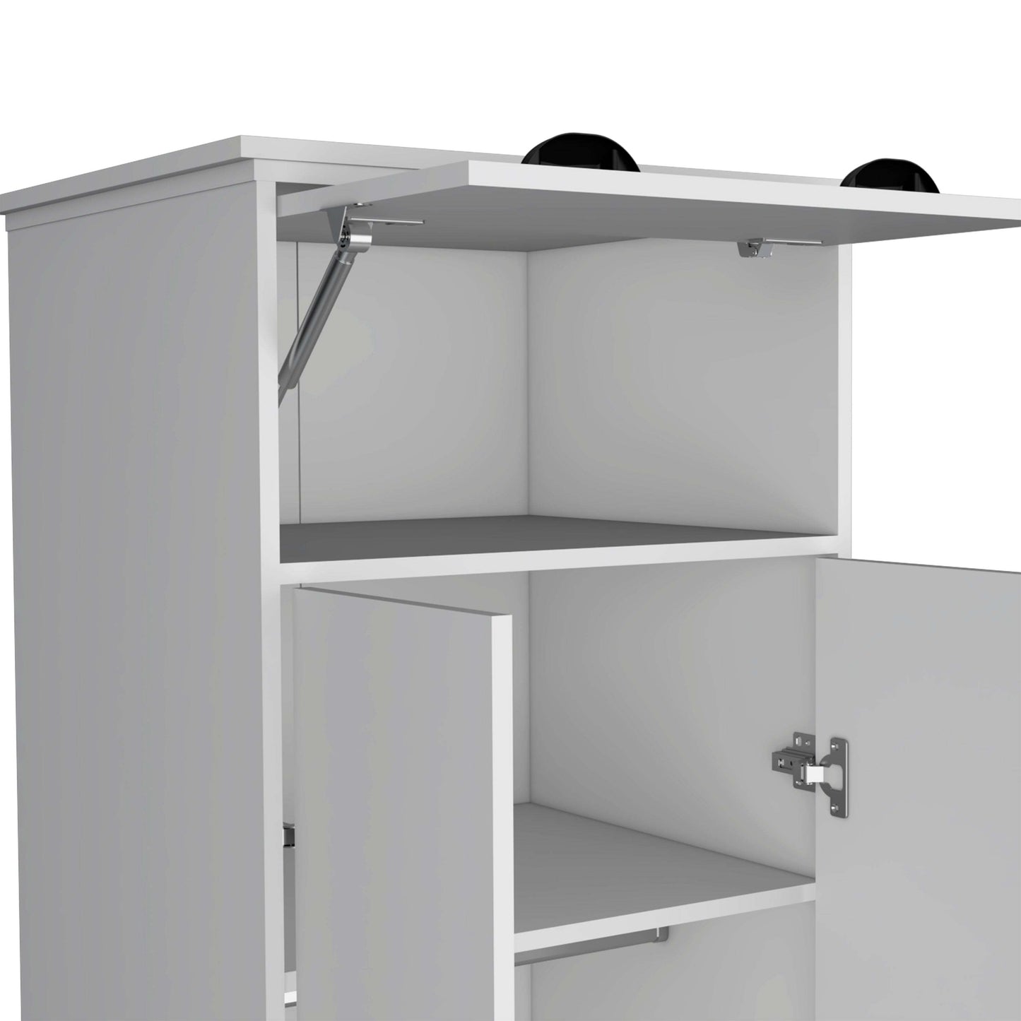 Dresser-closet with 1-door upper storage, shelves, hanging rod, and bottom drawer, white