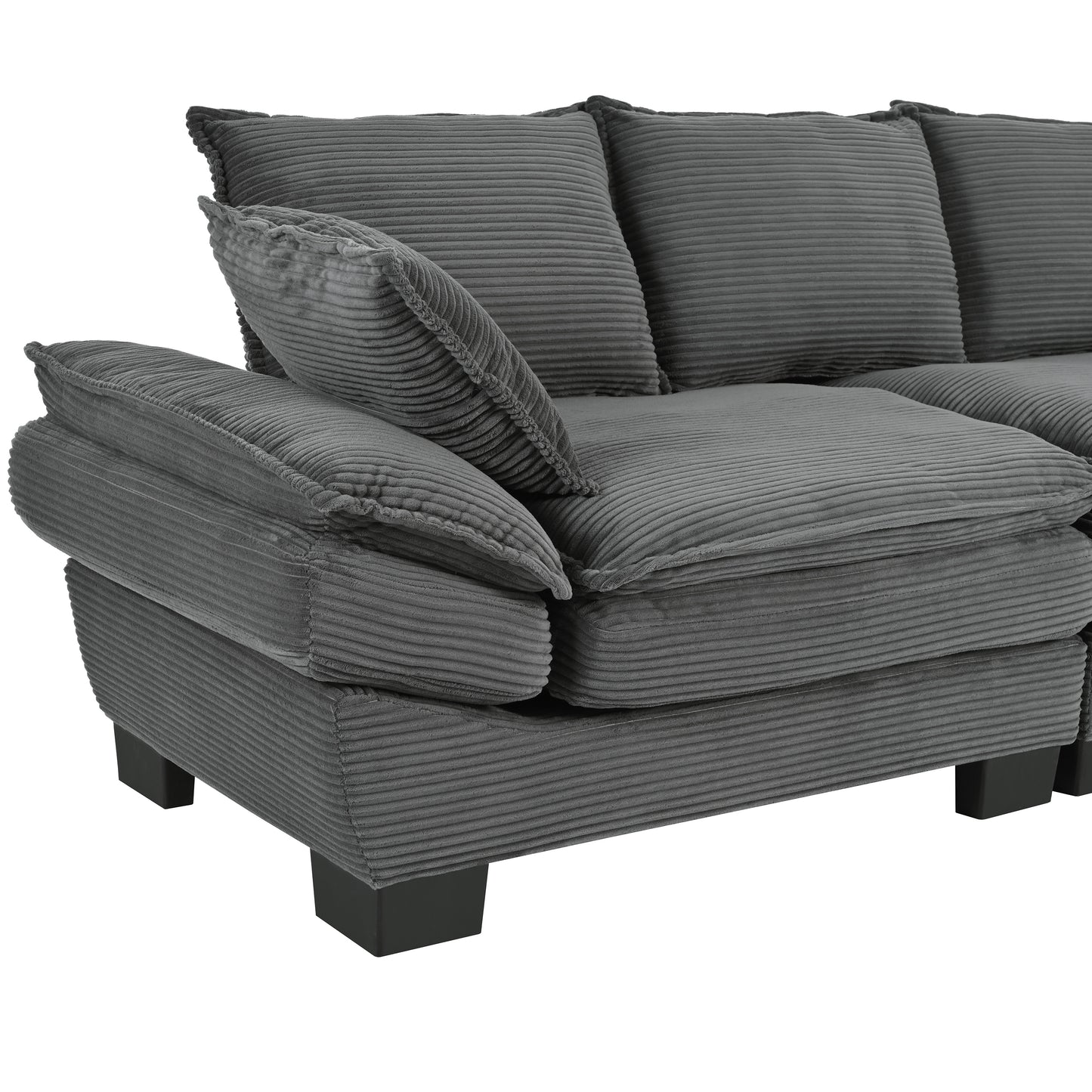 85.4" U-Style Curved Sofa with Throw Pillows, Corduroy Fabric