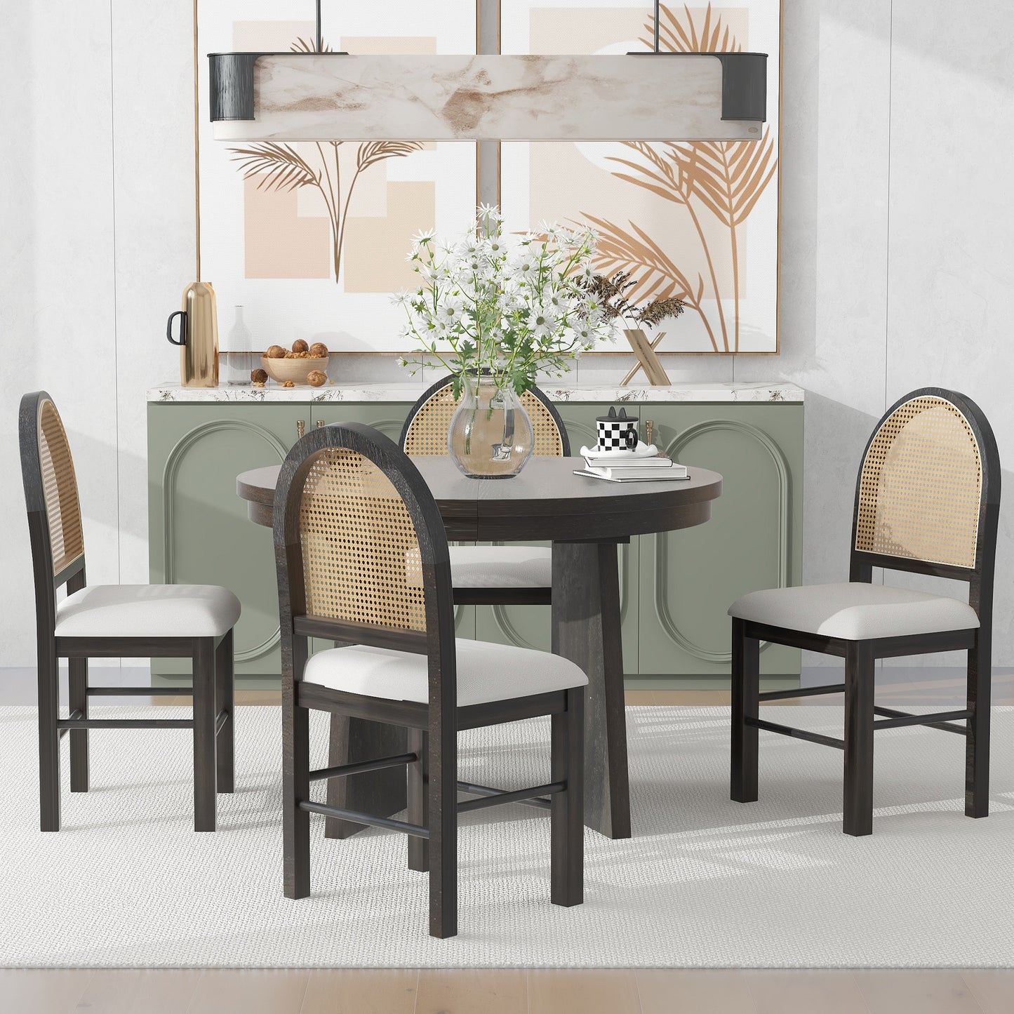 5-piece retro dining set with extendable table and rattan-back chairs, espresso