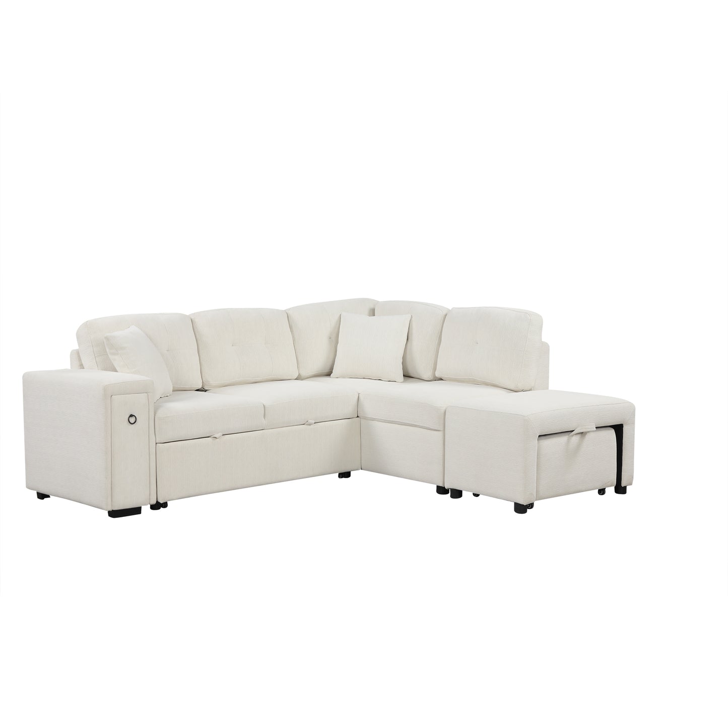 86.6 L-Shaped Sofa Bed with Ottoman, USB Ports & Cup Holders, Beige