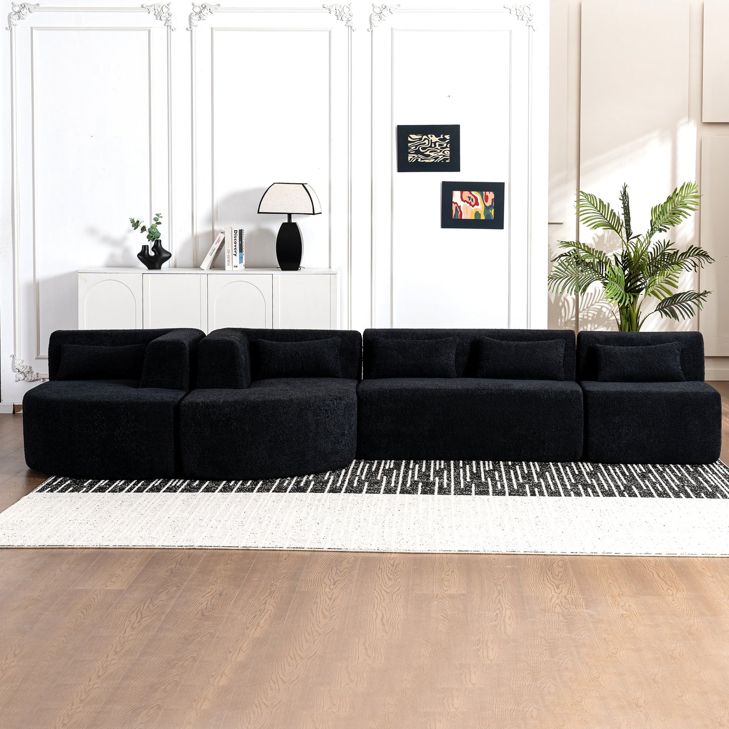 143.7 Upholstered Sofa with Chaise and Back Pillows, Black