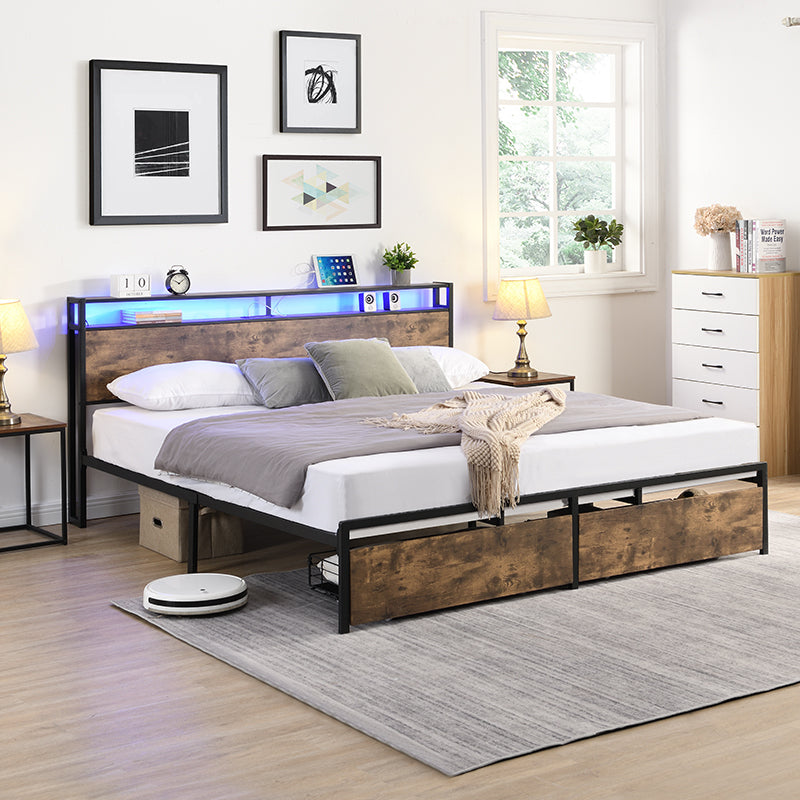 King bed frame with storage headboard and charging station, noise-free